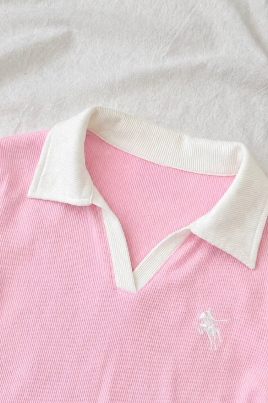 Pembe Olos Polo Yaka Nakışlı Büzgülü Uzun Kollu Bluz