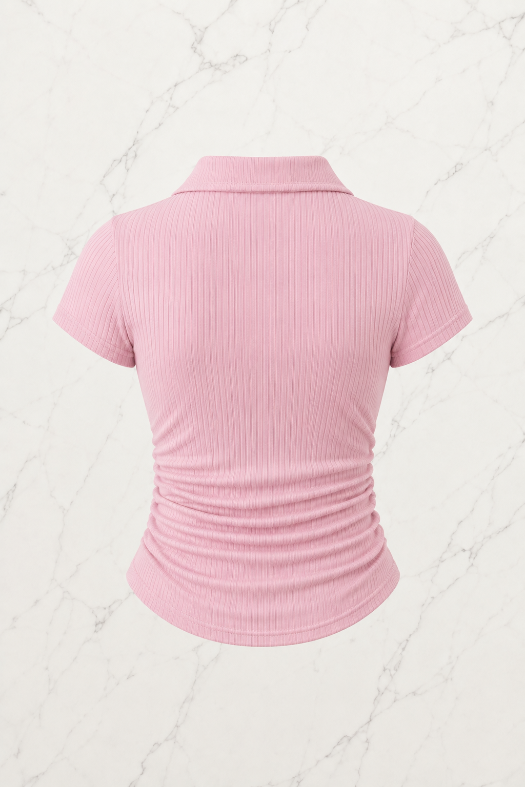 Pembe Polo Yaka Fitilli Likralı Bluz