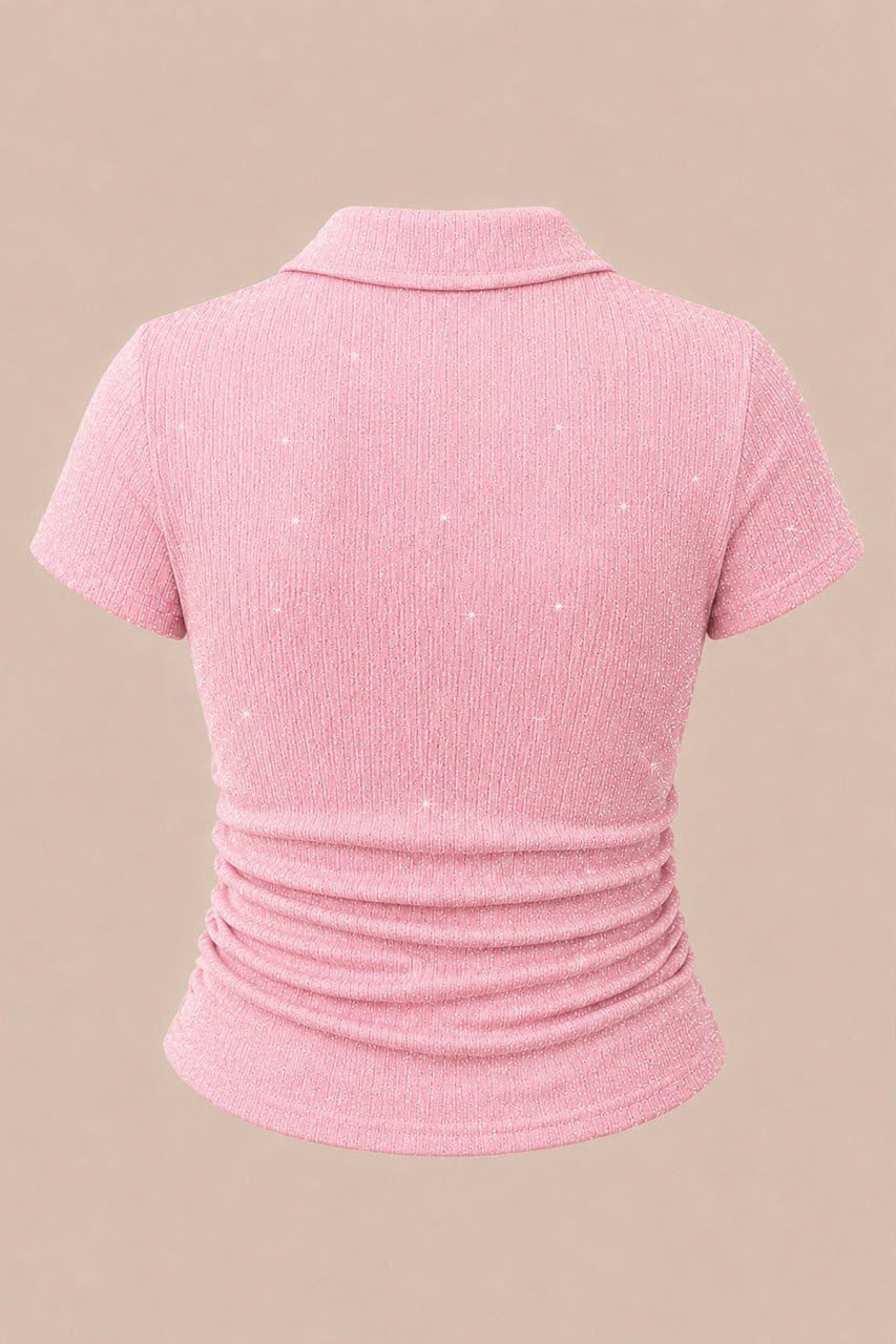 Pembe Simli Polo Yaka Büzgülü Bluz