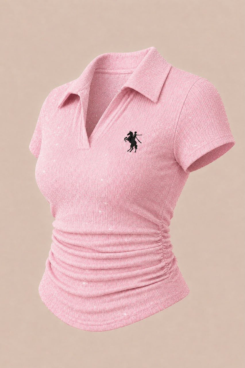 Pembe Simli Polo Yaka Büzgülü Bluz