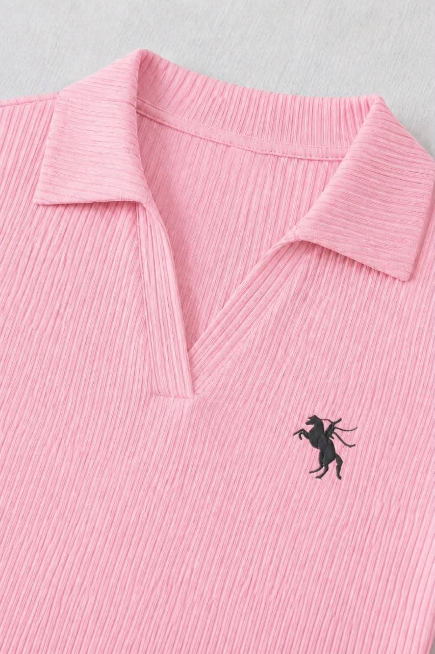 Pembe Steed Polo Yaka Parmak Geçirme Detaylı Bluz