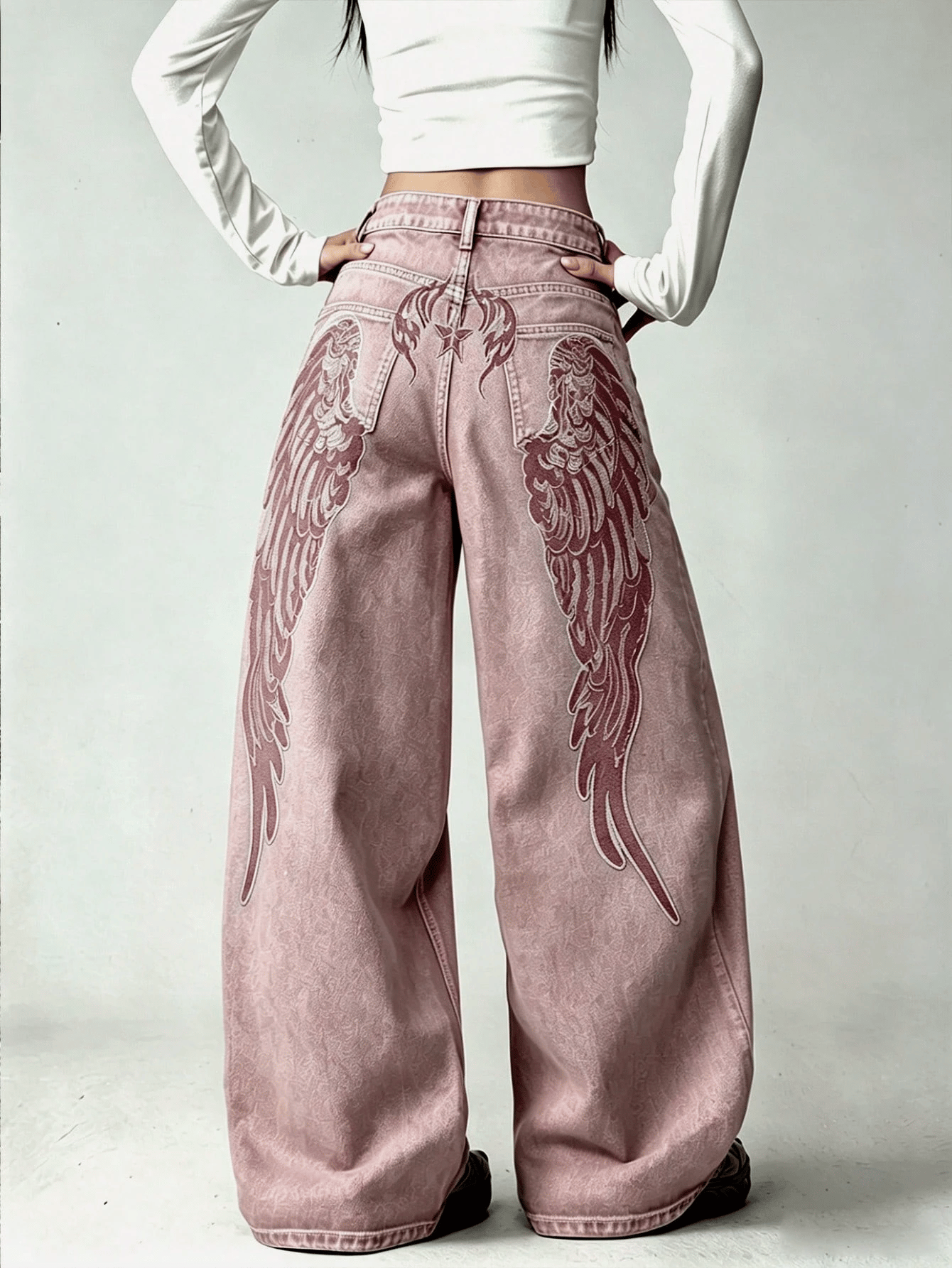 Pembe Yıkamalı Melek Kanatlı Harajuku Y2K Unisex Baggy Pantolon