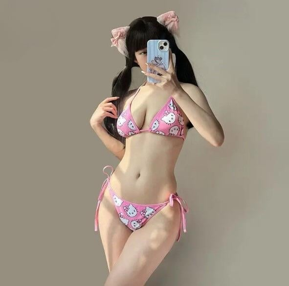Pink Hello Kitty Detaylı Basic Alt Üst Takım Bikini