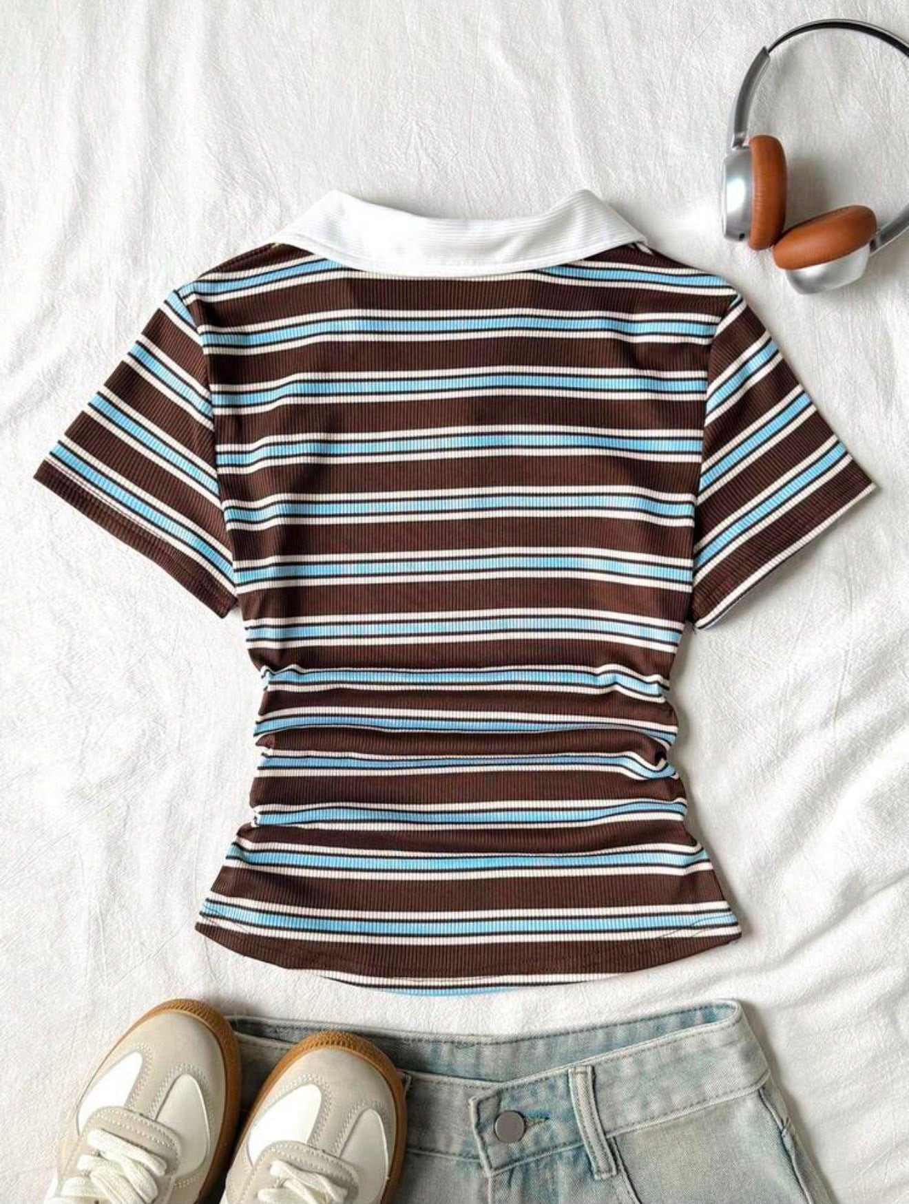 Retro Çizgili Solo Polo Yaka Kadın Bluz