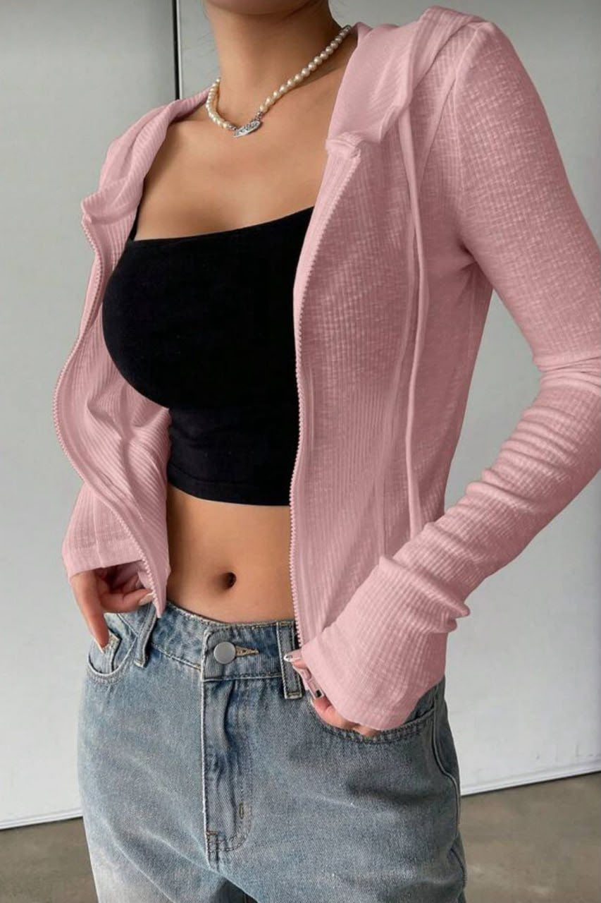 Rolly Pembe Fermuarlı Bağcıklı Kapüşonlu Hırka