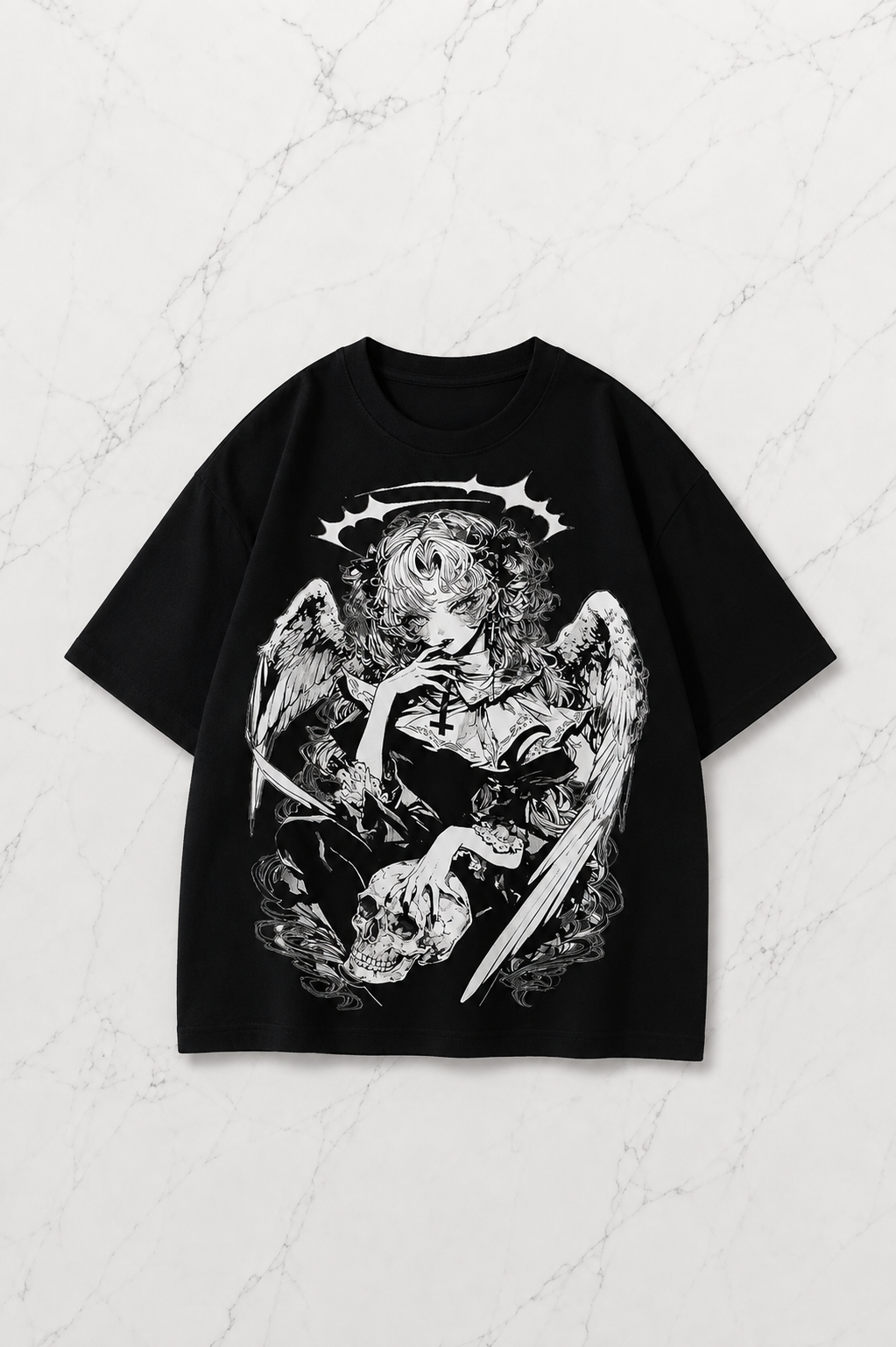 Siyah Anime Winged Gothic Kısa Kol Oversize T-Shirt