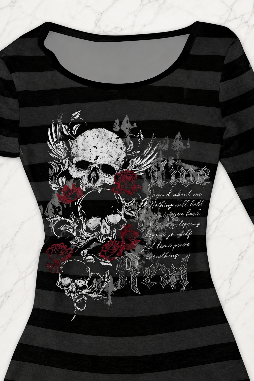 Siyah Antrasit Çizgili Skull Red Rose Gotik Y2K Uzun Kollu Crop