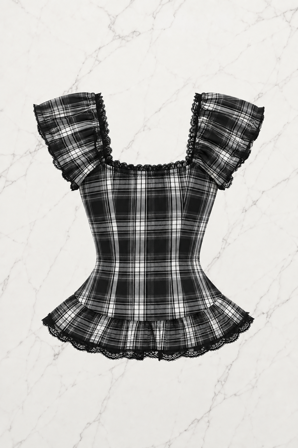 Siyah Beyaz Ekoseli Vintage Dantelli Kare Yaka Y2K Kısa Kollu Crop
