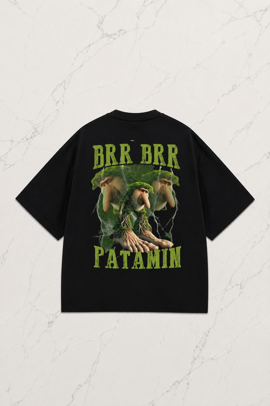 Siyah Brr Brr Patamin Baskılı Yıkamalı Vintage Unisex Oversize T-Shirt