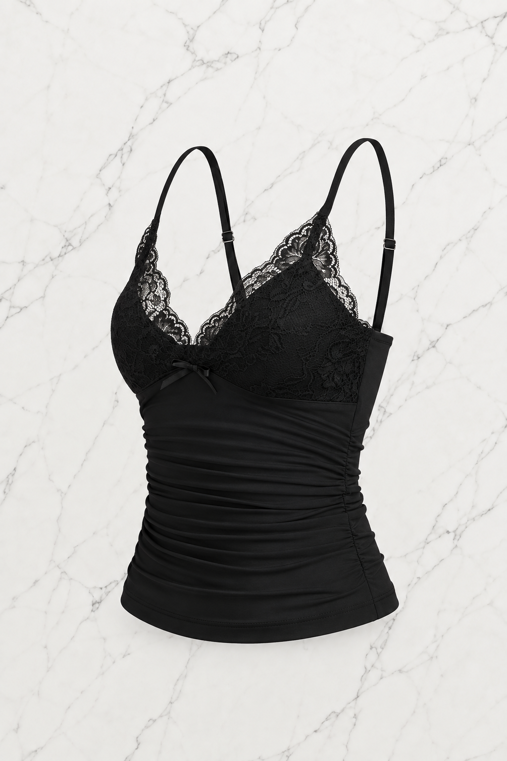 Siyah Dantel Detaylı Fiyonklu Y2K Askılı Crop