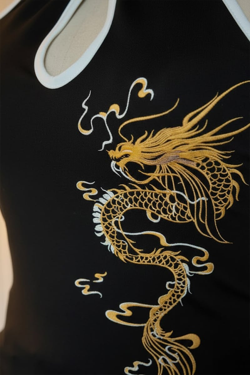 Siyah Dragon Embroidered Keyhole Harajuku Asian Y2K Askılı Crop