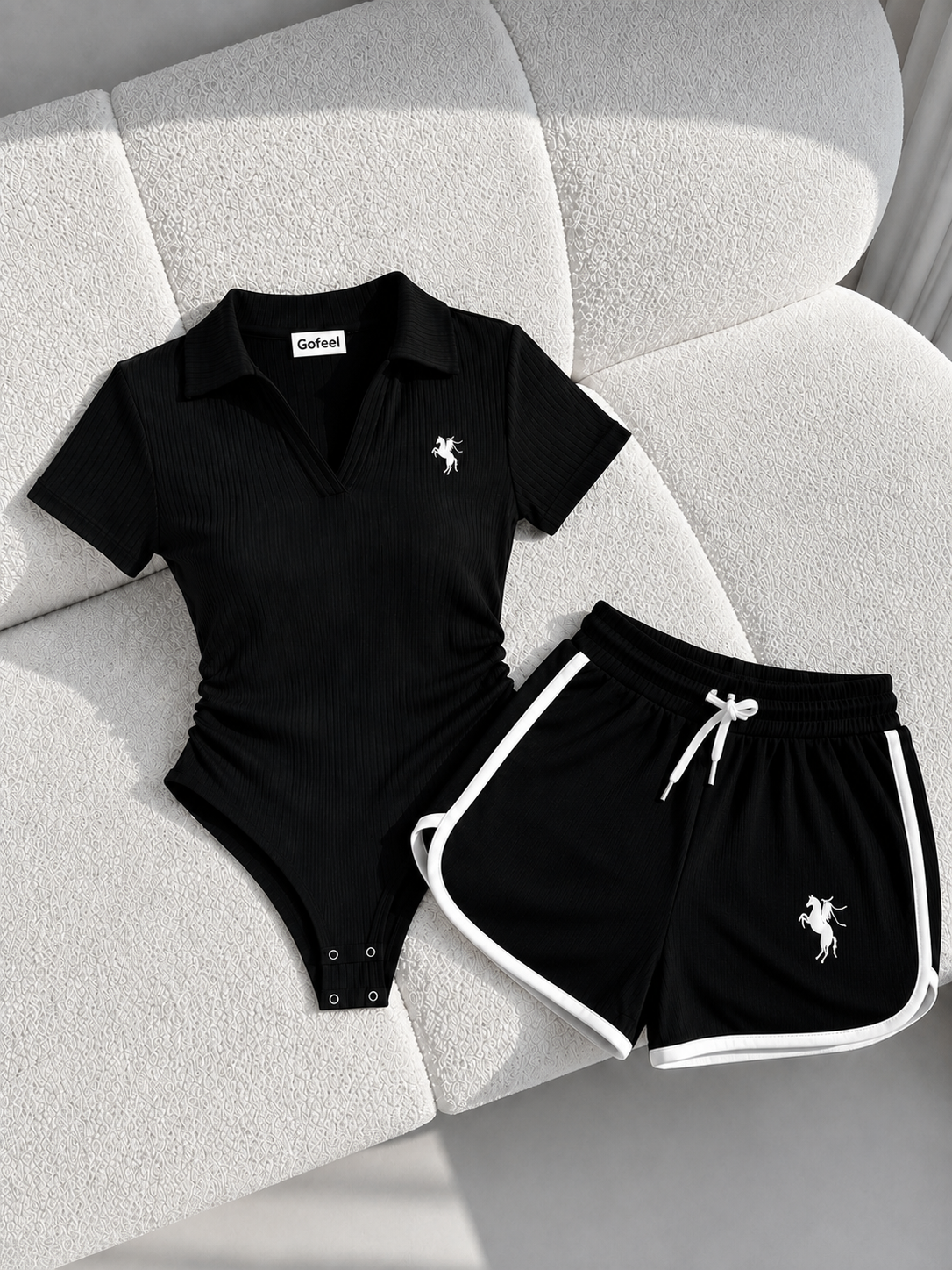 Siyah Fit Polo Yaka Bodysuit Şort Takım