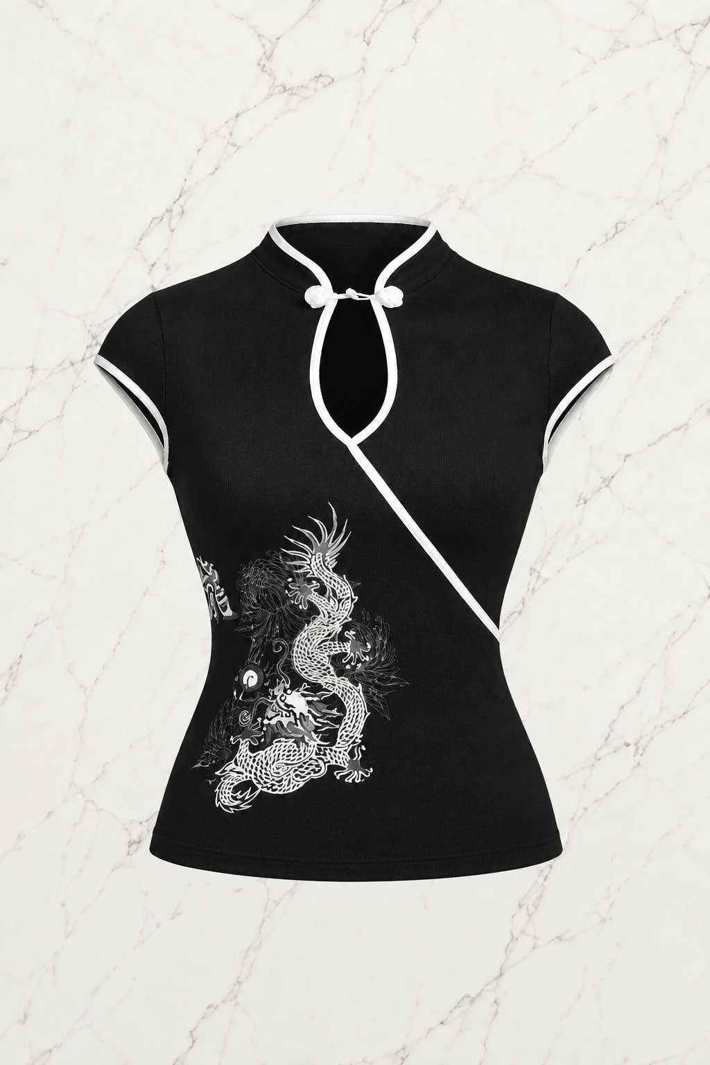 Siyah Japones Style Mandarin Yaka Ejderha Desenli Bluz Crop