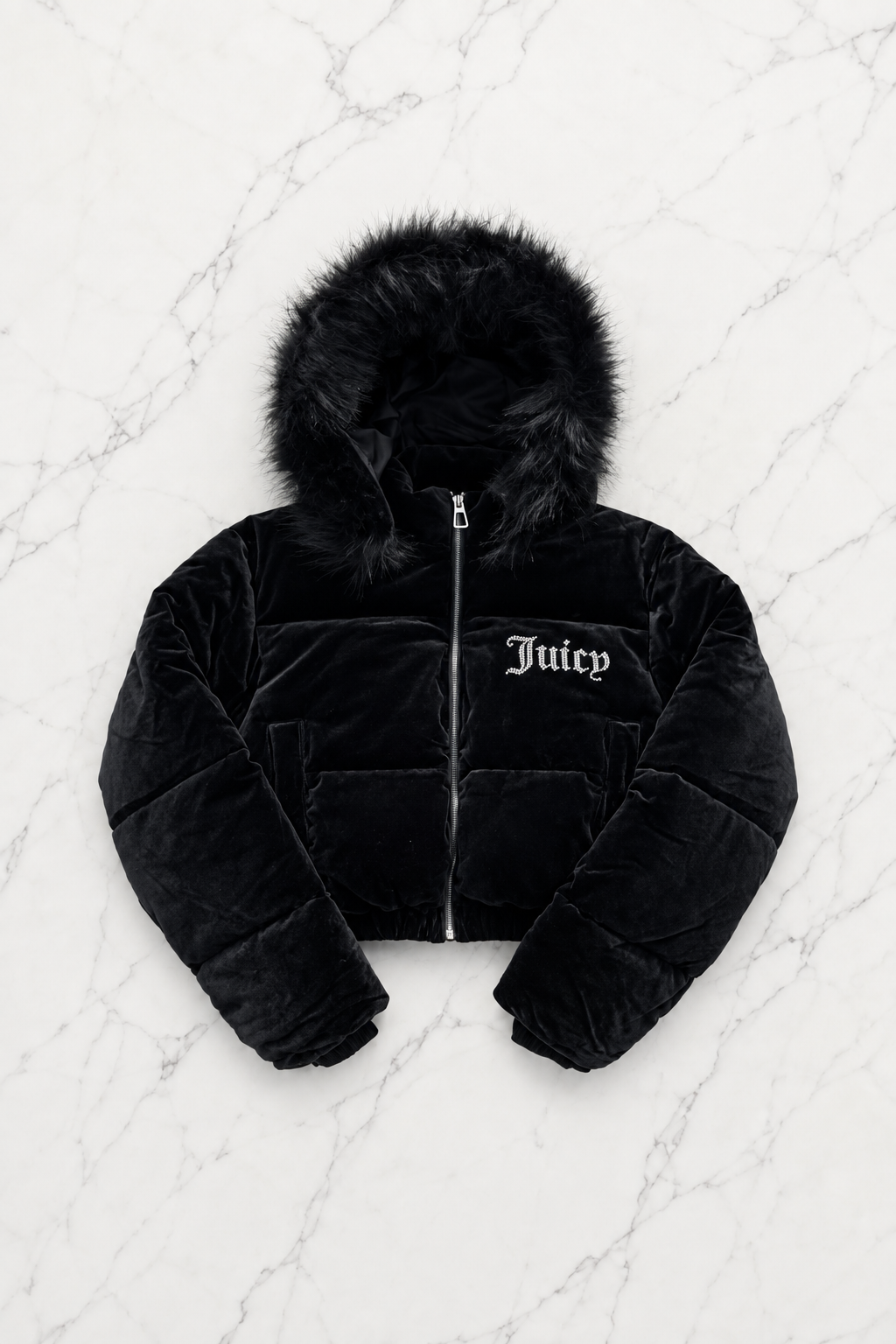 Siyah Juicy Peluş Kapüşonlu Şişme Crop Mont