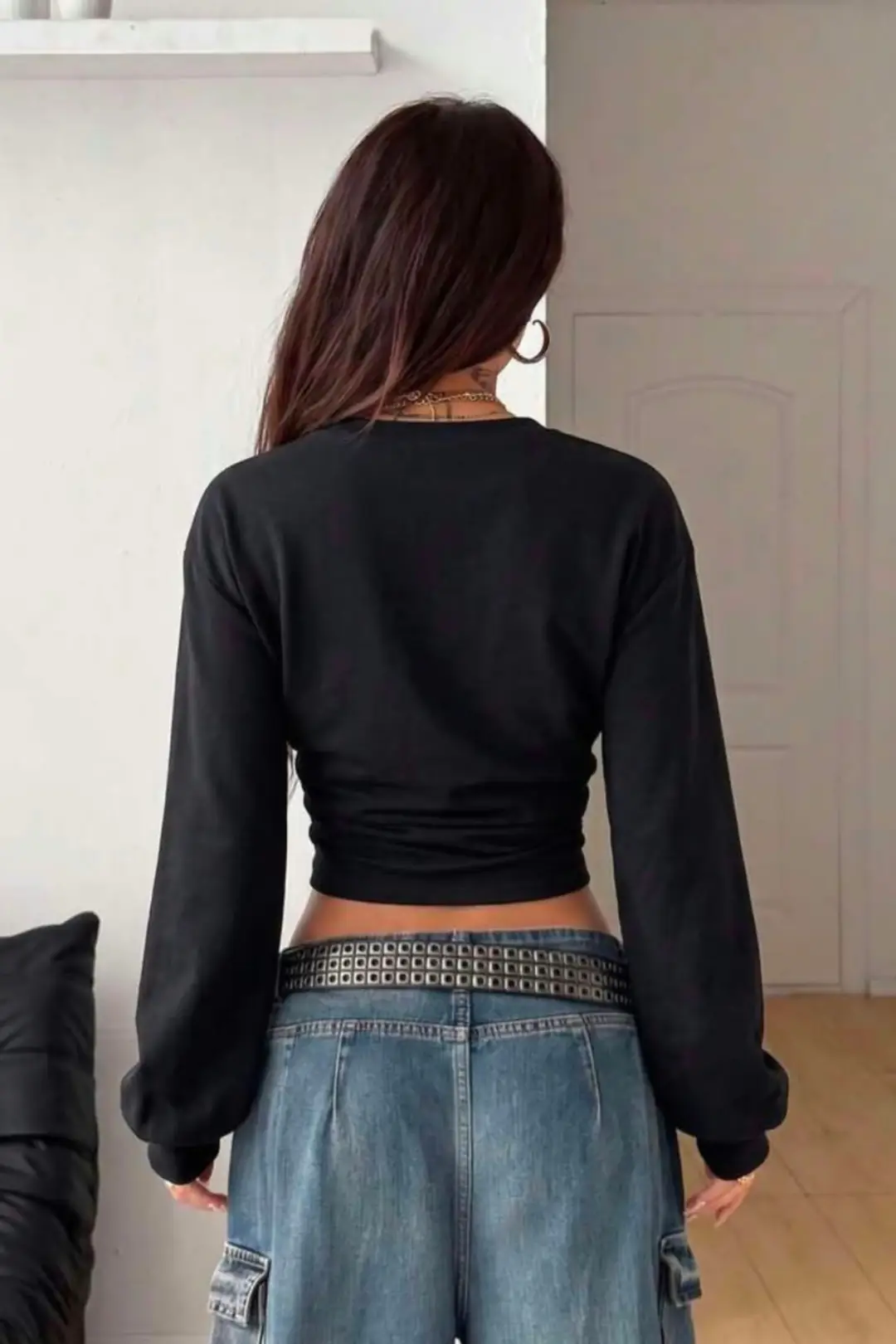 Siyah LOOC Corset Uzun Kollu Beli Büzgülü Bluz