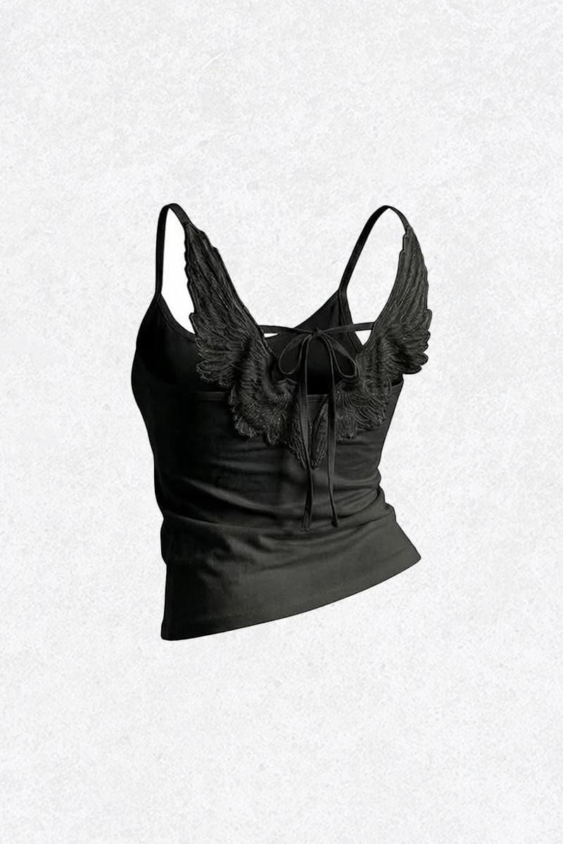 Siyah Melek Kanatlı Croap Nakışlı Askılı Crop