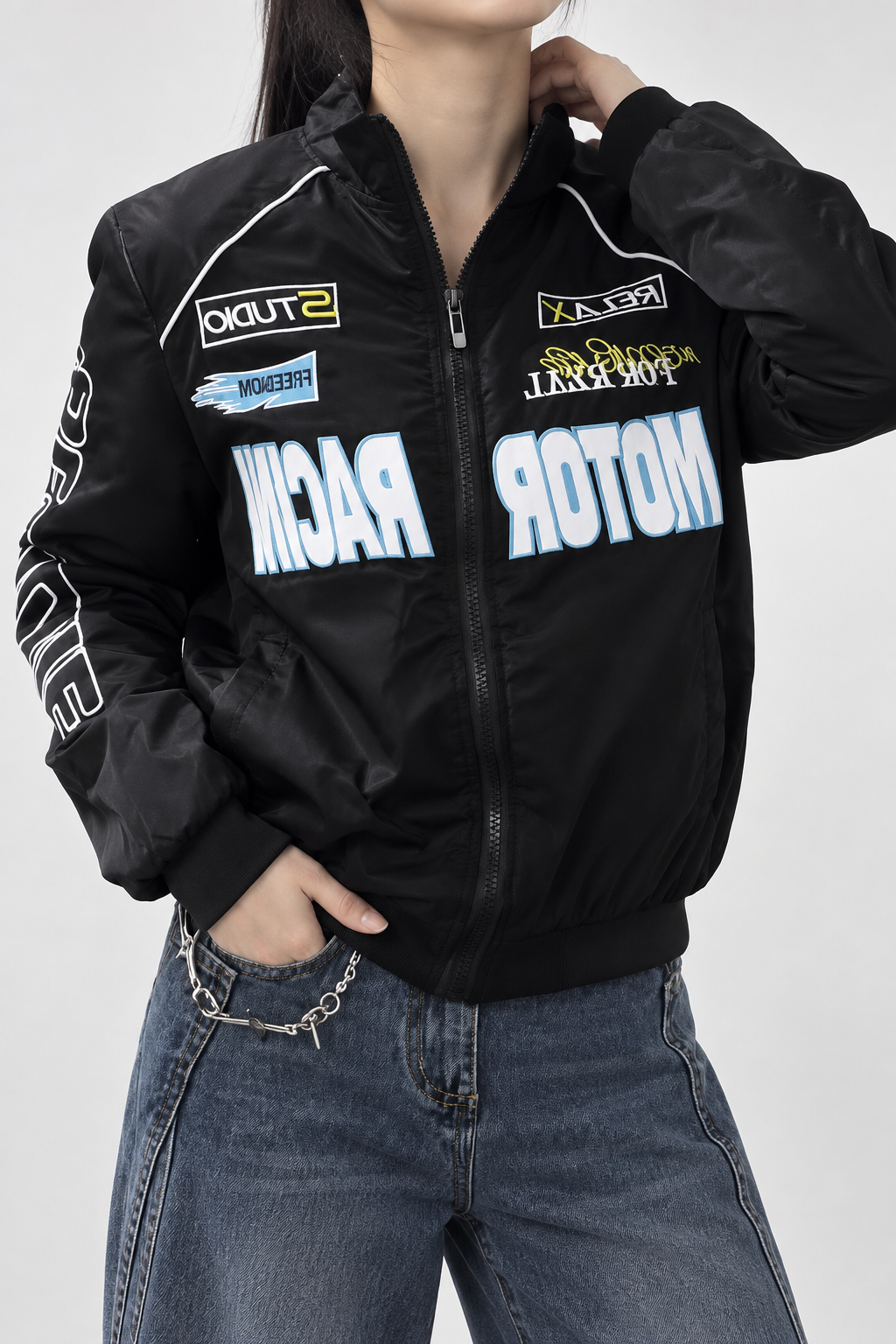 Siyah Motor Racer Retro Y2K Unisex Ceket