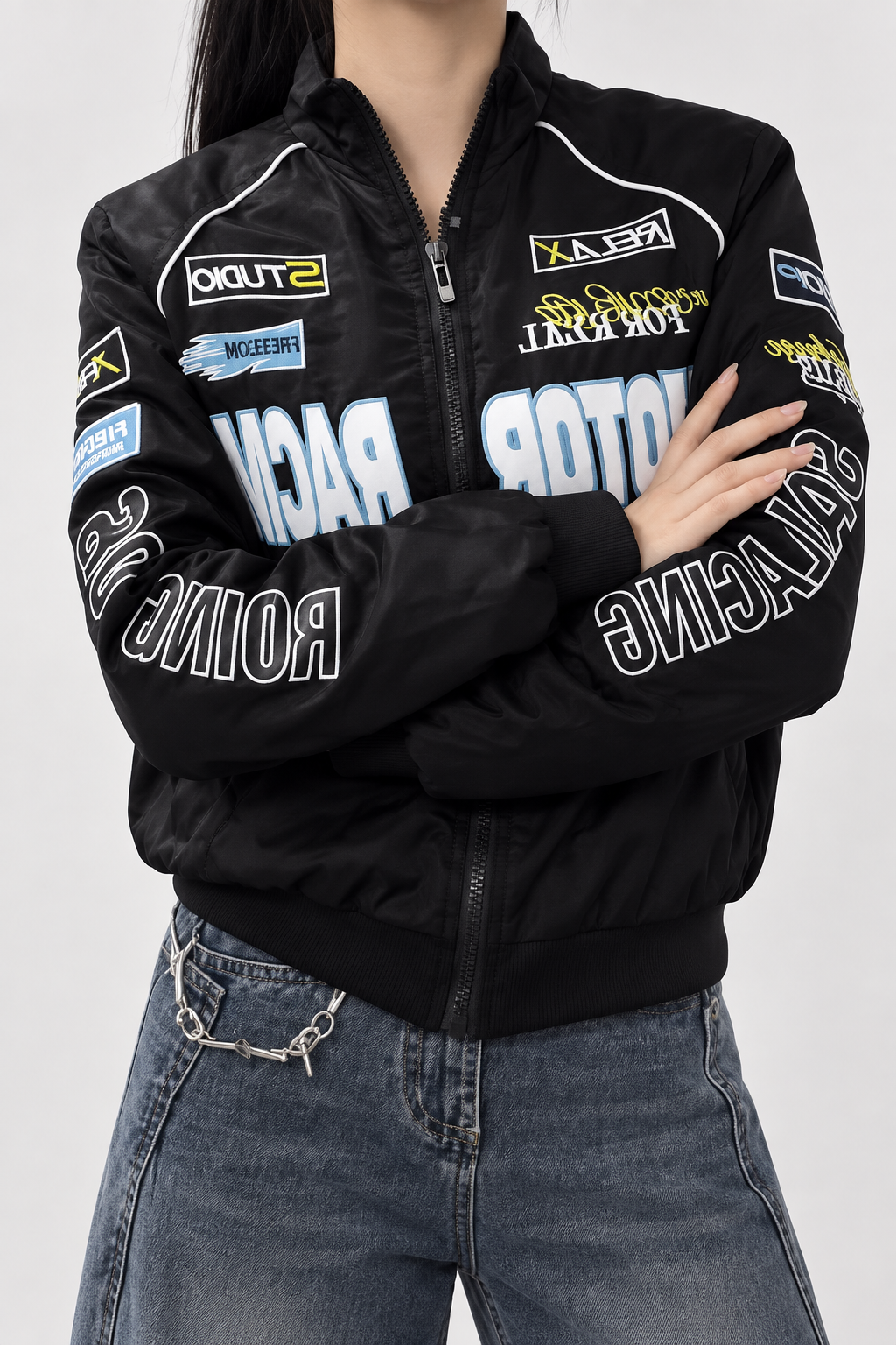 Siyah Motor Racer Retro Y2K Unisex Ceket