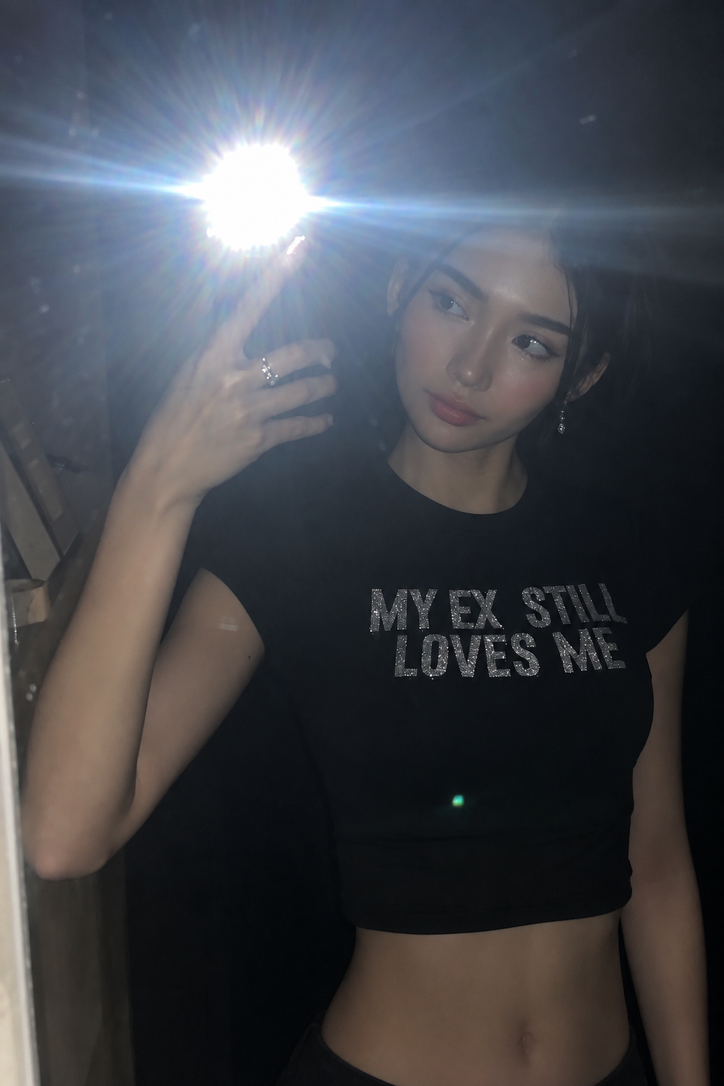 Siyah My Ex Stıll Loves Me Taş Baskılı Crop