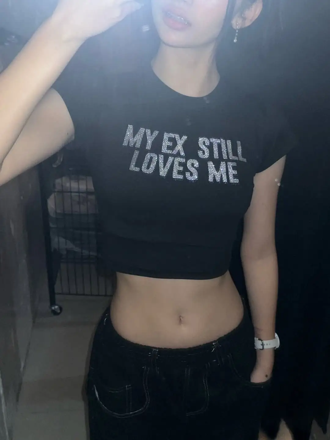 Siyah My Ex Stıll Loves Me Taş Baskılı Crop