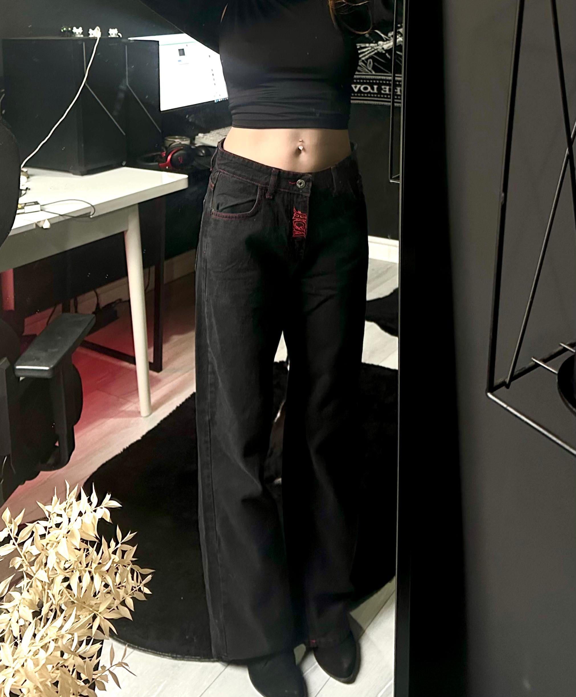 Siyah Nakışlı Skeleton Heaven Can Wait Streetwear Jean Pantolon