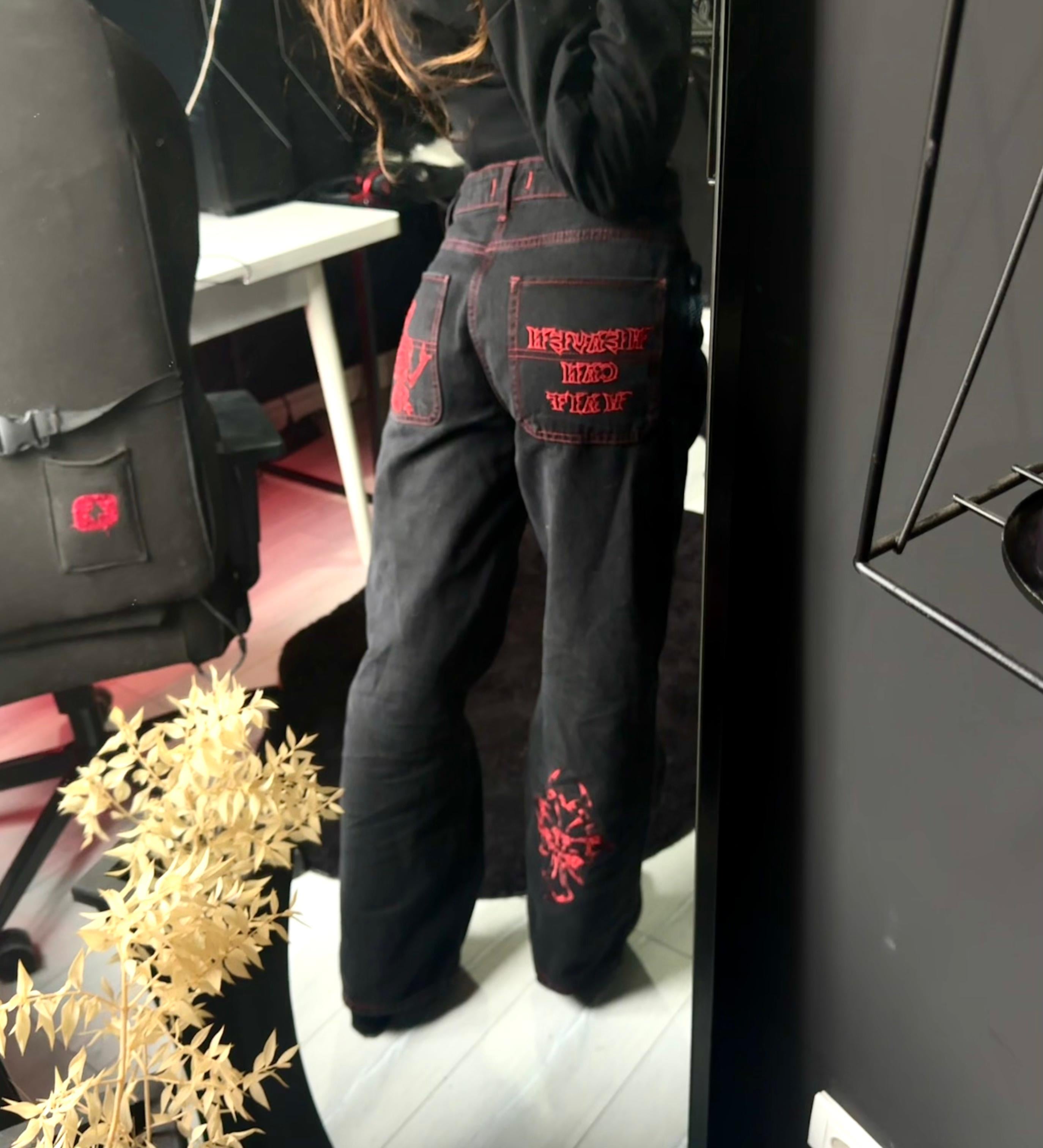 Siyah Nakışlı Skeleton Heaven Can Wait Streetwear Jean Pantolon