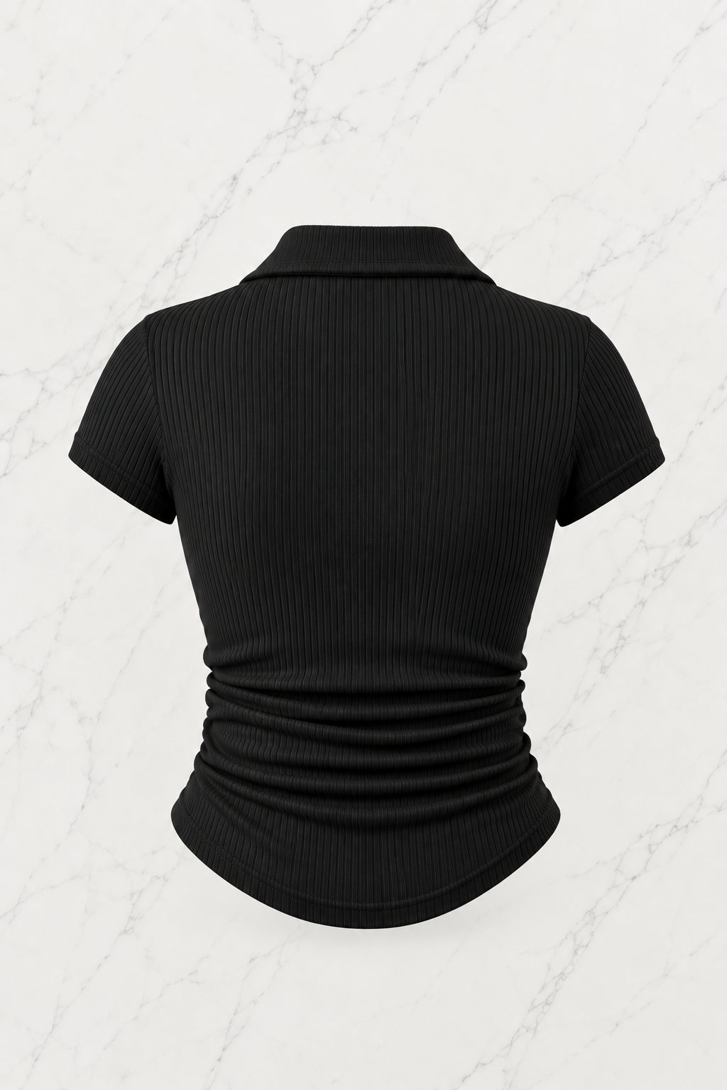 Siyah Polo Yaka Fitilli Likralı Bluz