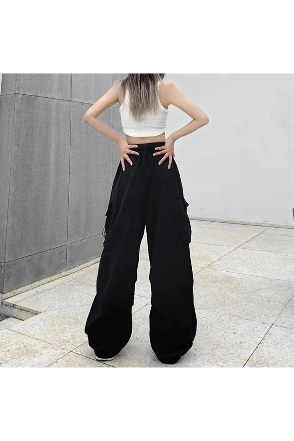 Siyah Renkli Tactical Kargo Cepli Lastikli Bol Kalıp Baggy Oversize Pantolon 