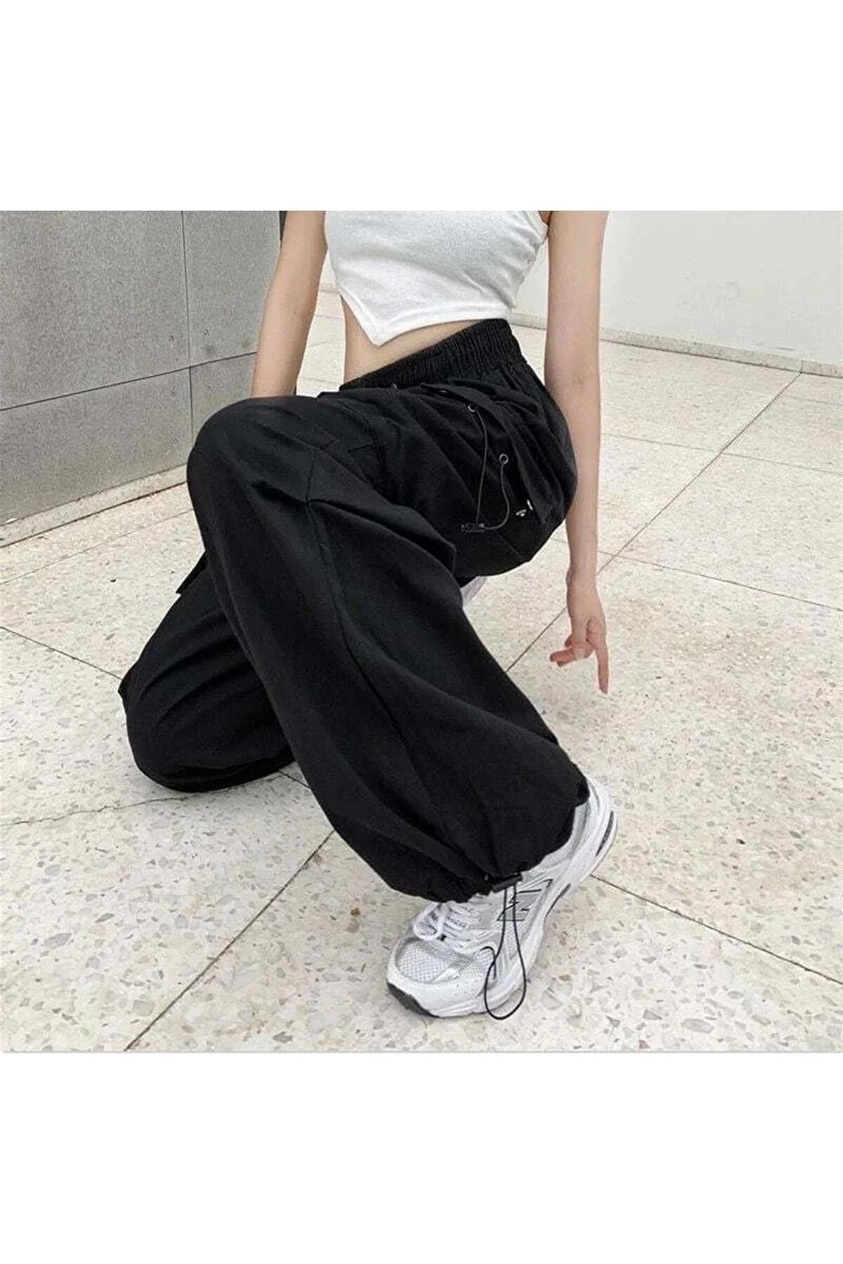 Siyah Renkli Tactical Kargo Cepli Lastikli Bol Kalıp Baggy Oversize Pantolon 