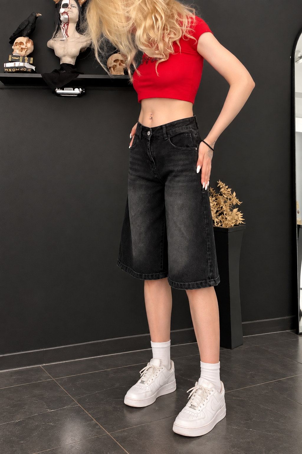 Siyah Retro Eskitme Premium Kot Şort