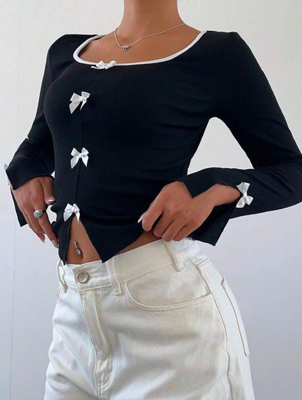 Siyah Ribbon Dekolteli Uzun Kollu Crop
