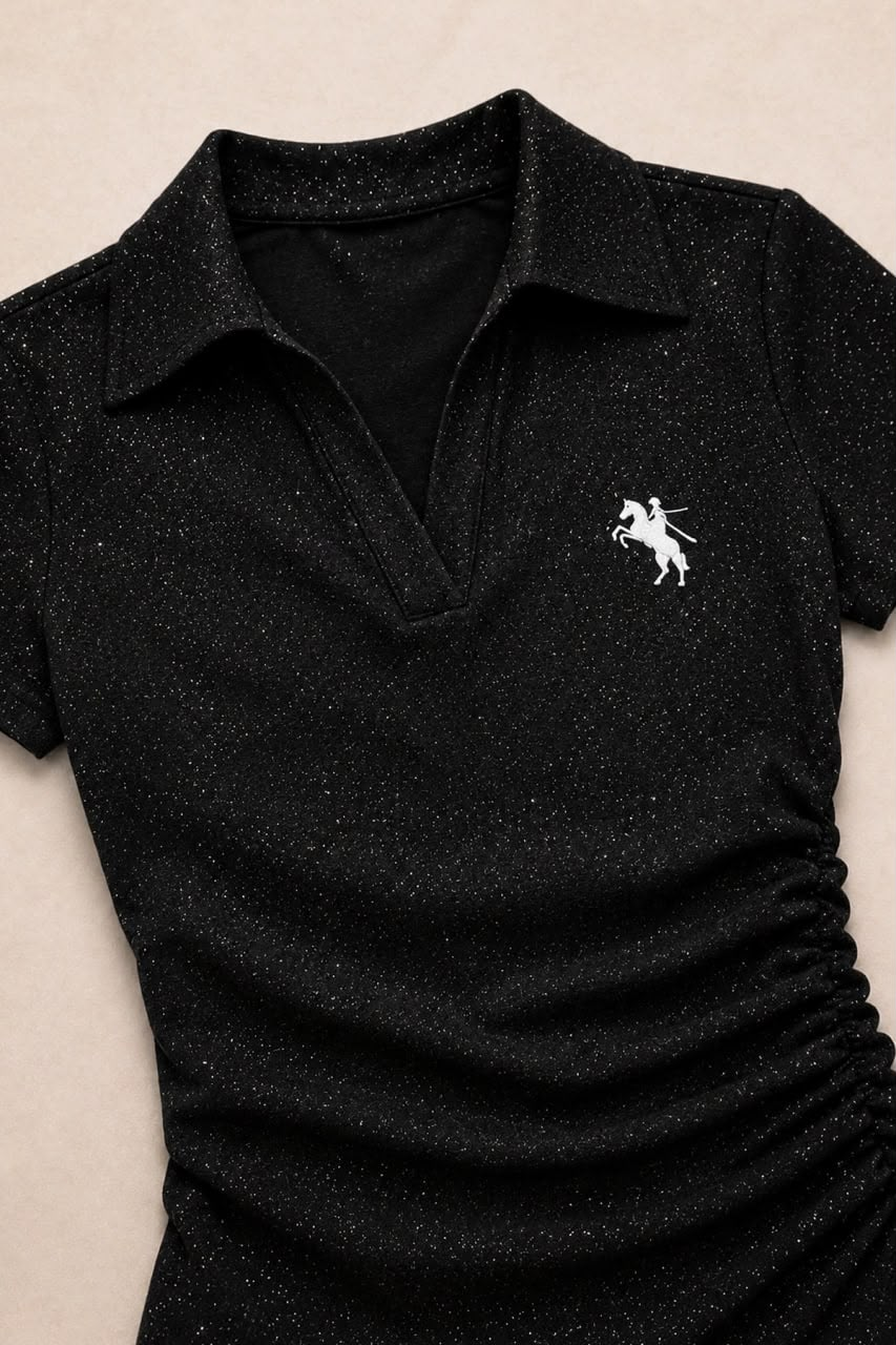 Siyah Simli Polo Yaka Büzgülü Bluz