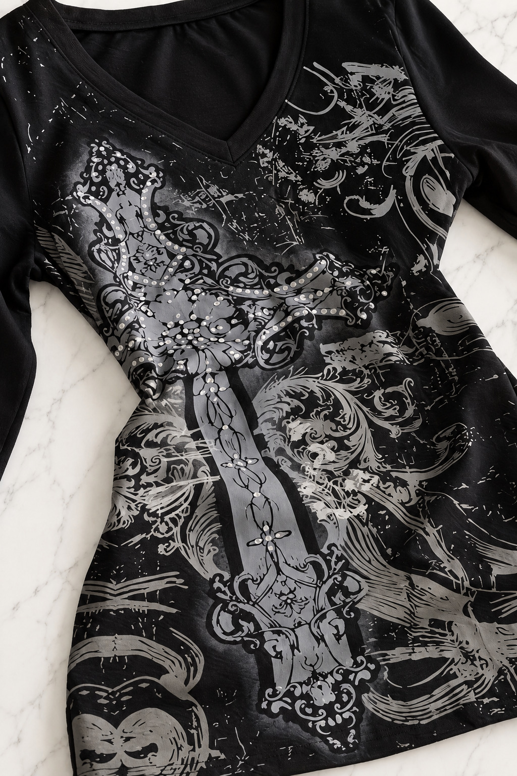 Siyah Skull Motifli Gotik Grunge Y2K Uzun Kollu Crop