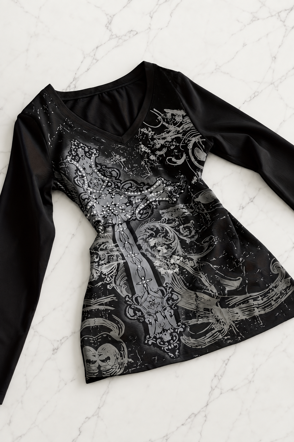 Siyah Skull Motifli Gotik Grunge Y2K Uzun Kollu Crop