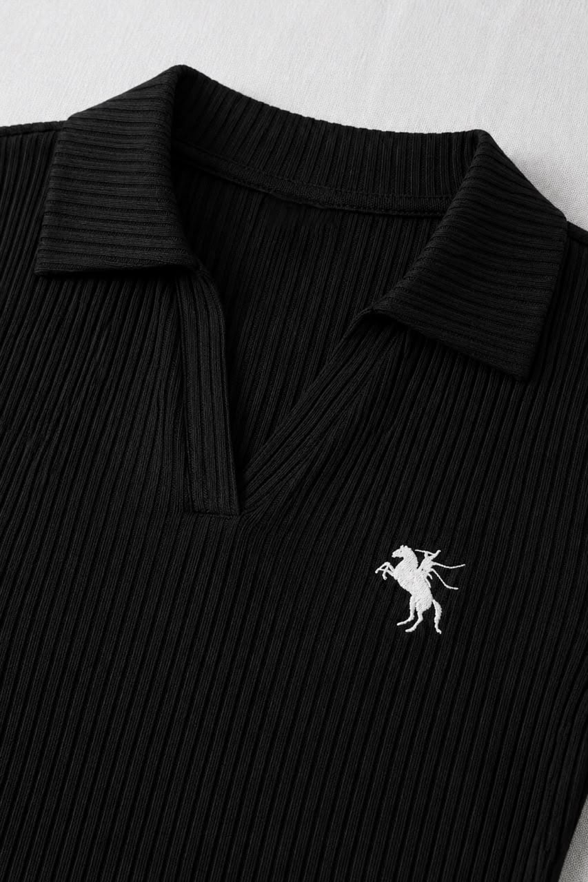 Siyah Steed Polo Yaka Parmak Geçirme Detaylı Bluz