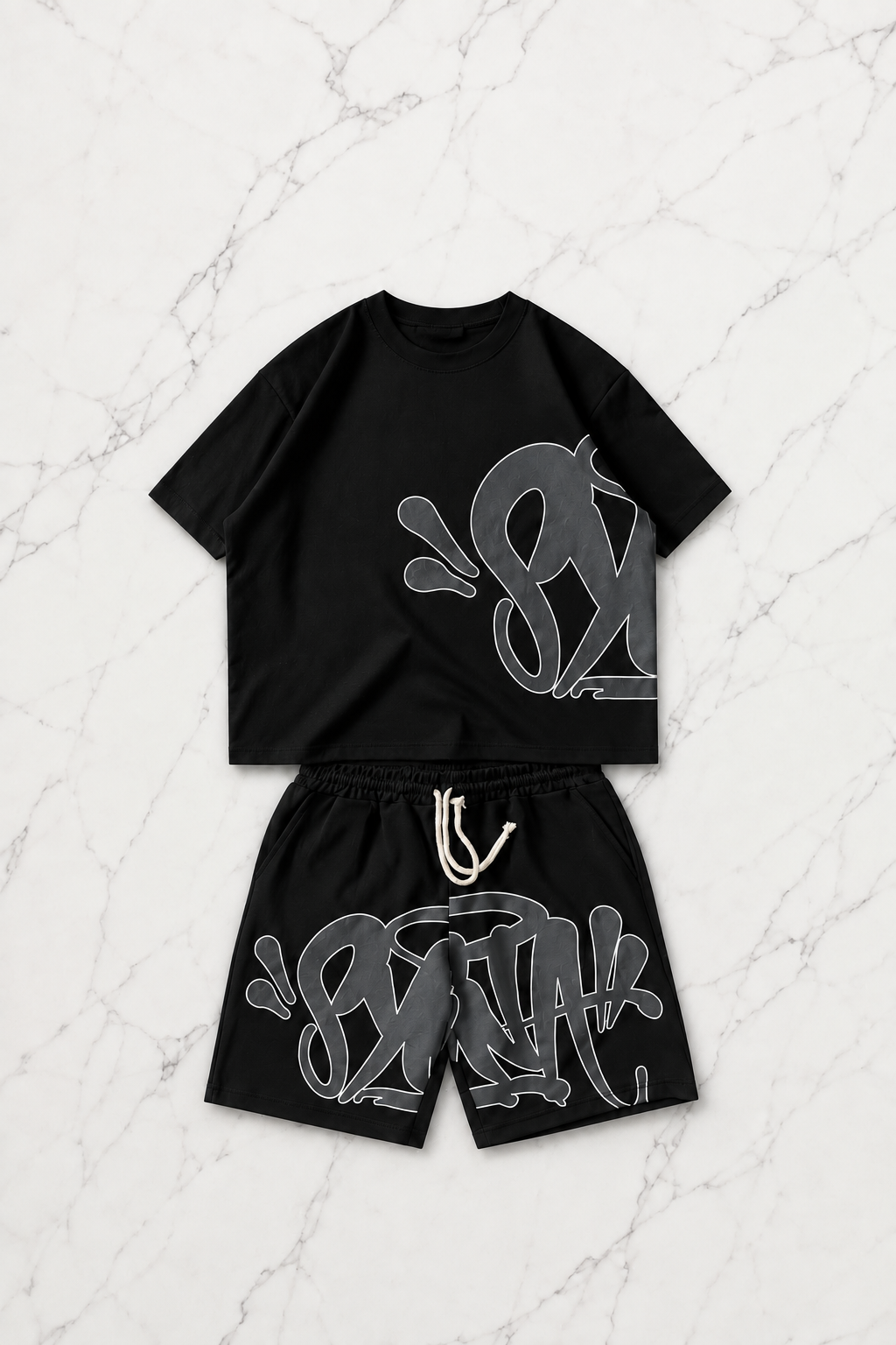 Siyah Street Graffiti Beyaz Unisex T-shirt & Şort Takım
