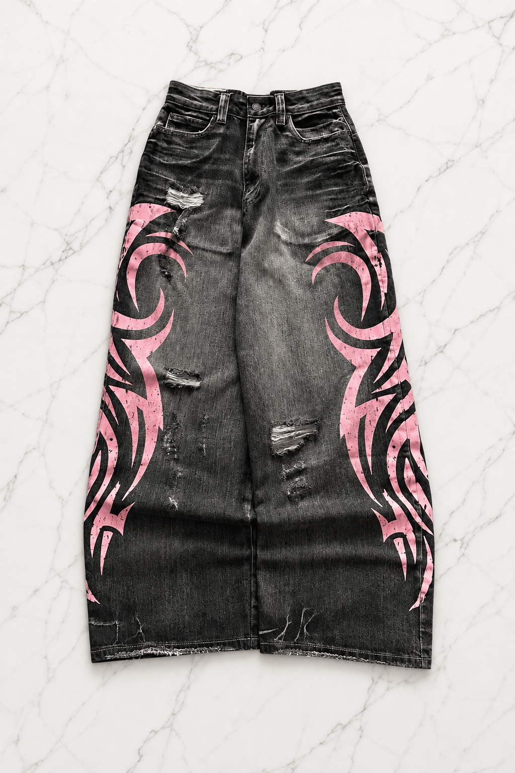 Siyah Taşlamalı Grunge Pembe Tribal Baskılı Harajuku Y2K Unisex Baggy Pantolon