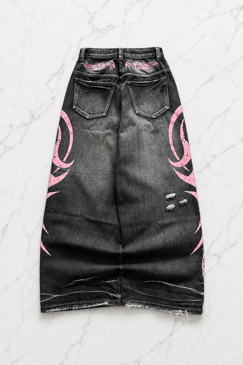 Siyah Taşlamalı Grunge Pembe Tribal Baskılı Harajuku Y2K Unisex Baggy Pantolon