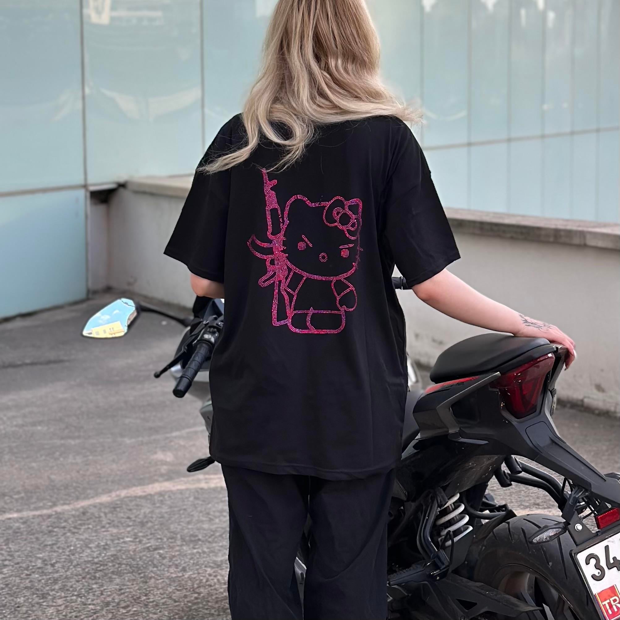 Siyah Taşlı Hello Kitty Premium Oversize T-shirt