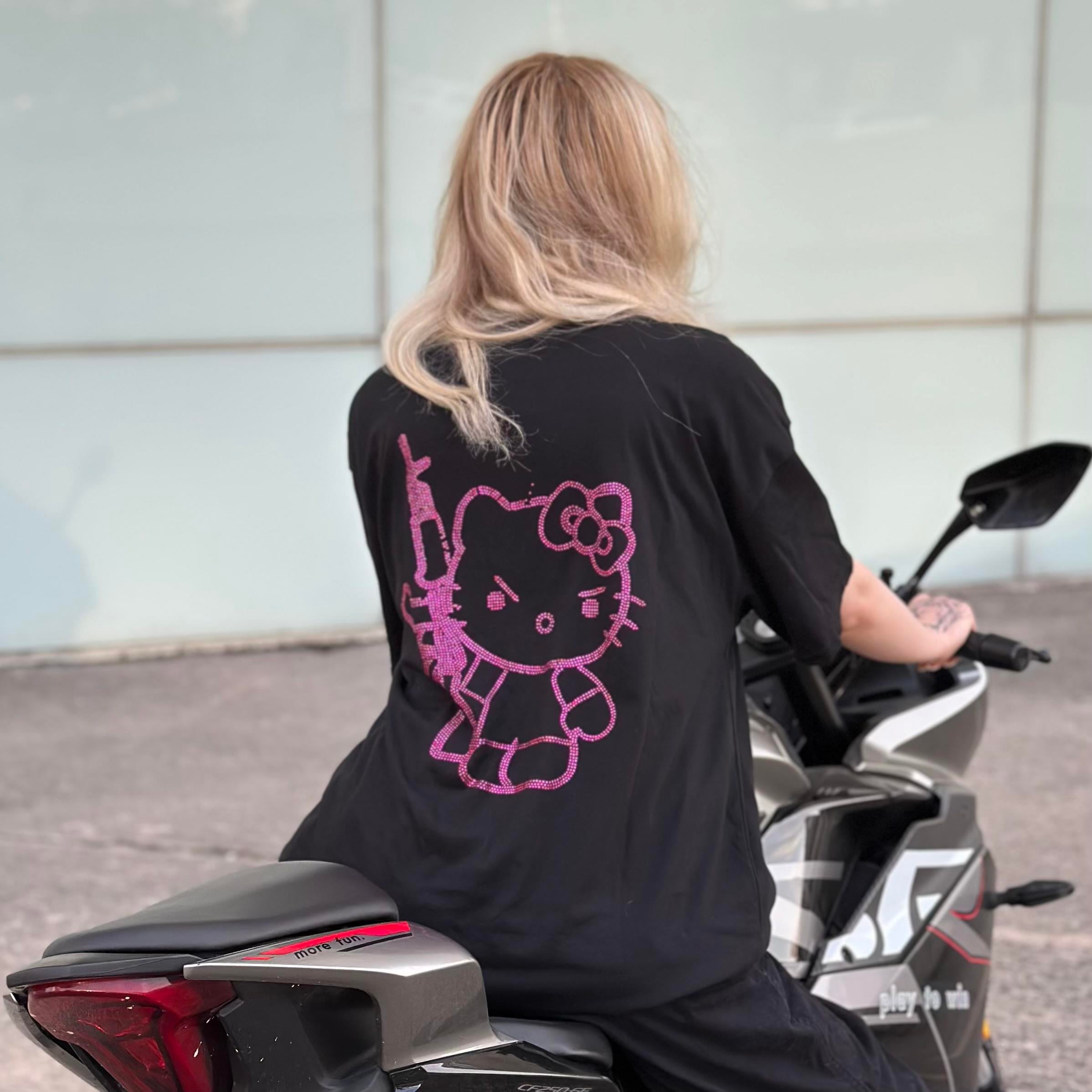Siyah Taşlı Hello Kitty Premium Oversize T-shirt
