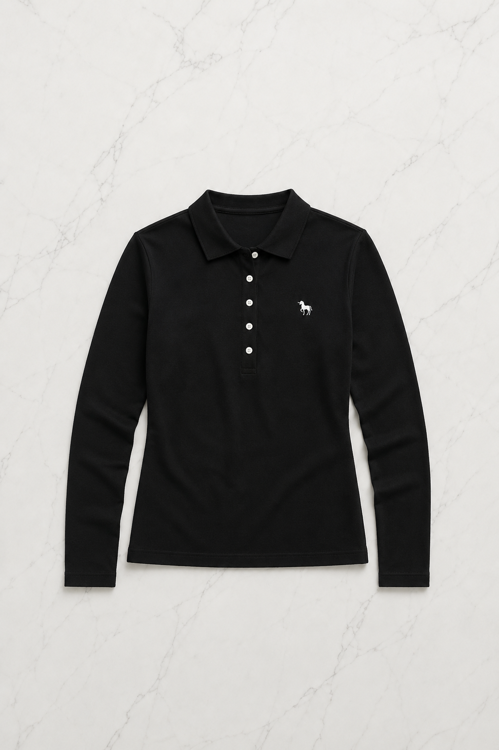 Siyah Tek Boynuzlu At Baskılı Polo Yaka Düğmeli Uzun Kol Tshirt