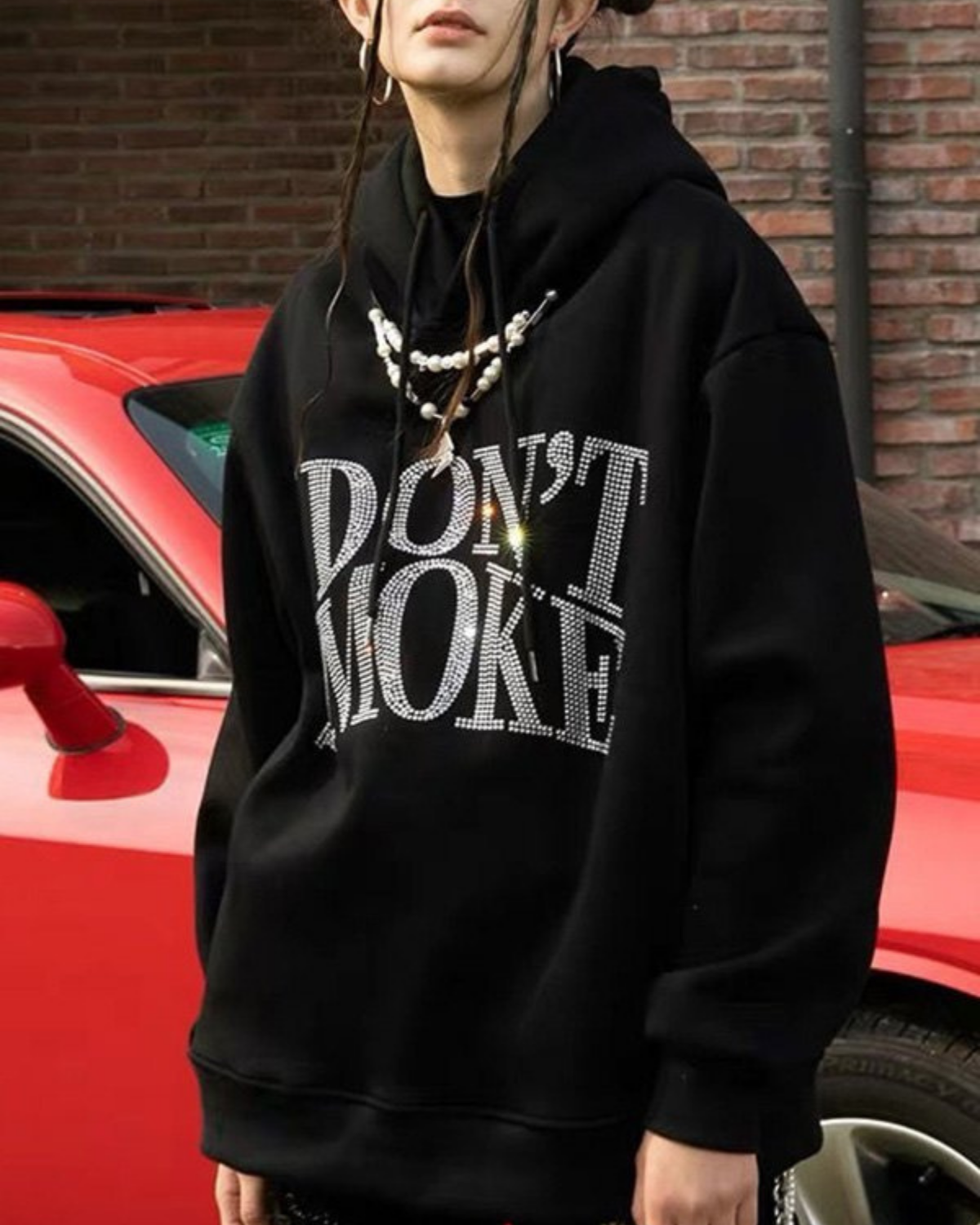 Siyah Unisex Oversize Beyaz I Dont Smoke Parıltılı Taş Baskılı Sweatshirt