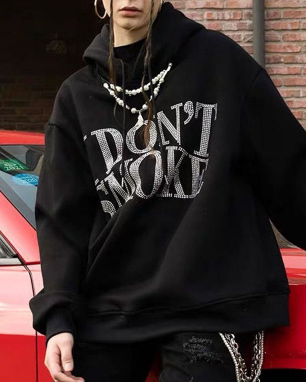 Siyah Unisex Oversize Beyaz I Dont Smoke Parıltılı Taş Baskılı Sweatshirt