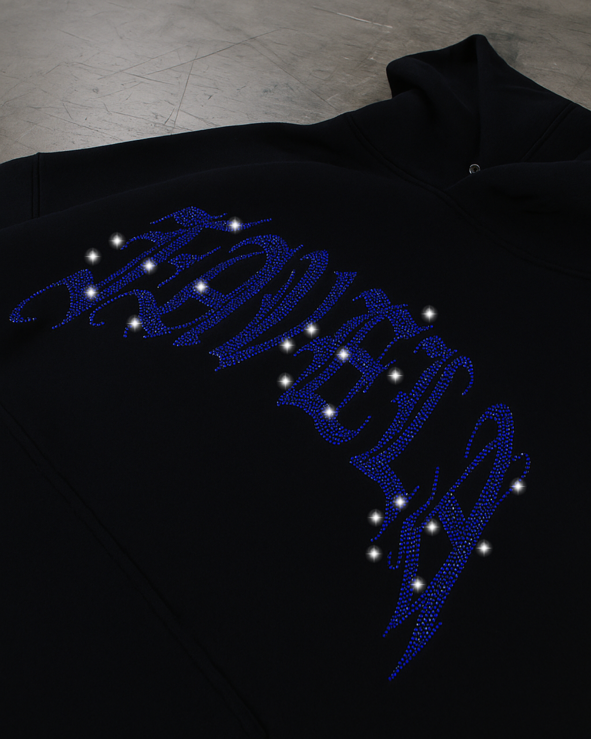 Siyah Unisex Oversize Mavi Favela Parıltılı Taş Baskılı Sweatshirt