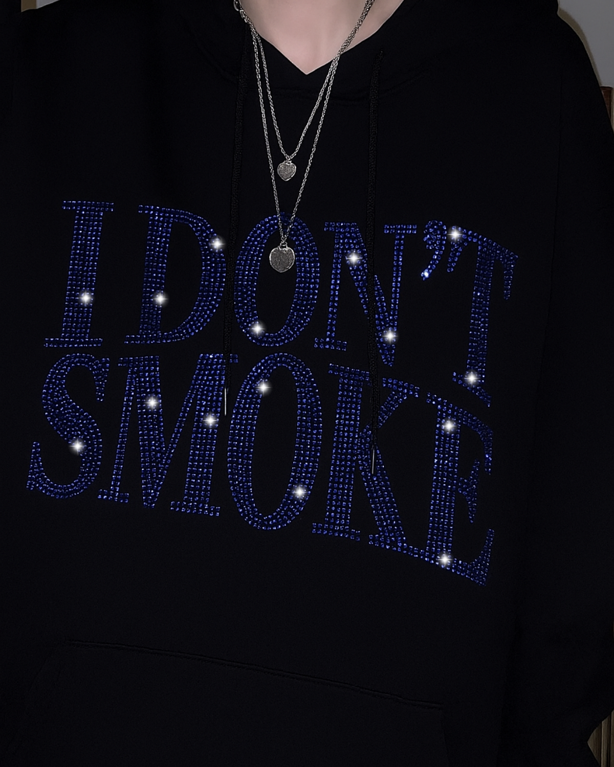 Siyah Unisex Oversize Mavi I Dont Smoke Parıltılı Taş Baskılı Sweatshirt
