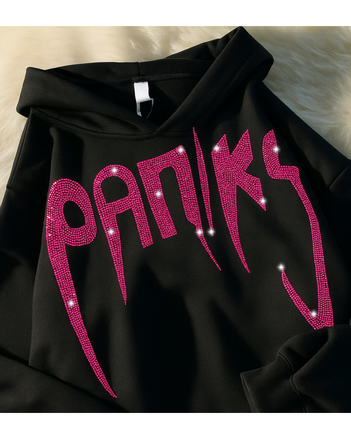 Siyah Unisex Oversize Pembe Panks Parıltılı Taş Baskılı Sweatshirt