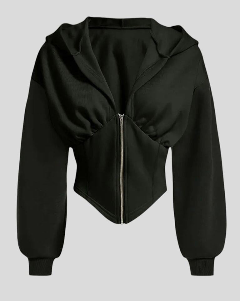 Siyah Uzun Kollu Korse Kesim Fermuarlı Ceket