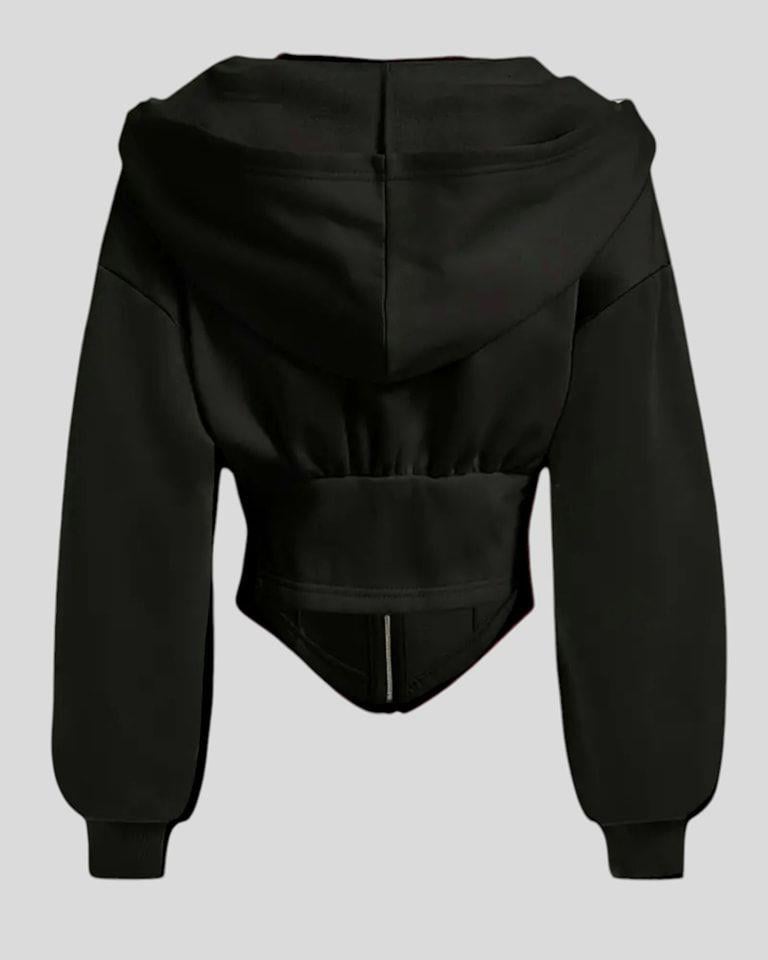 Siyah Uzun Kollu Korse Kesim Fermuarlı Ceket