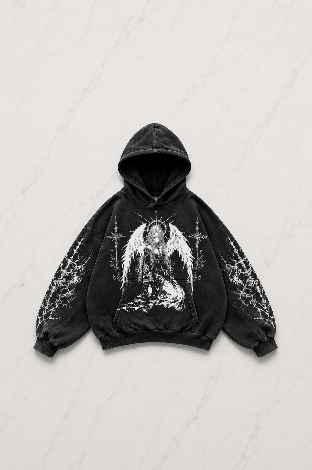 Siyah Winged Angel Gothic Kapüşonlu Sweatshirt