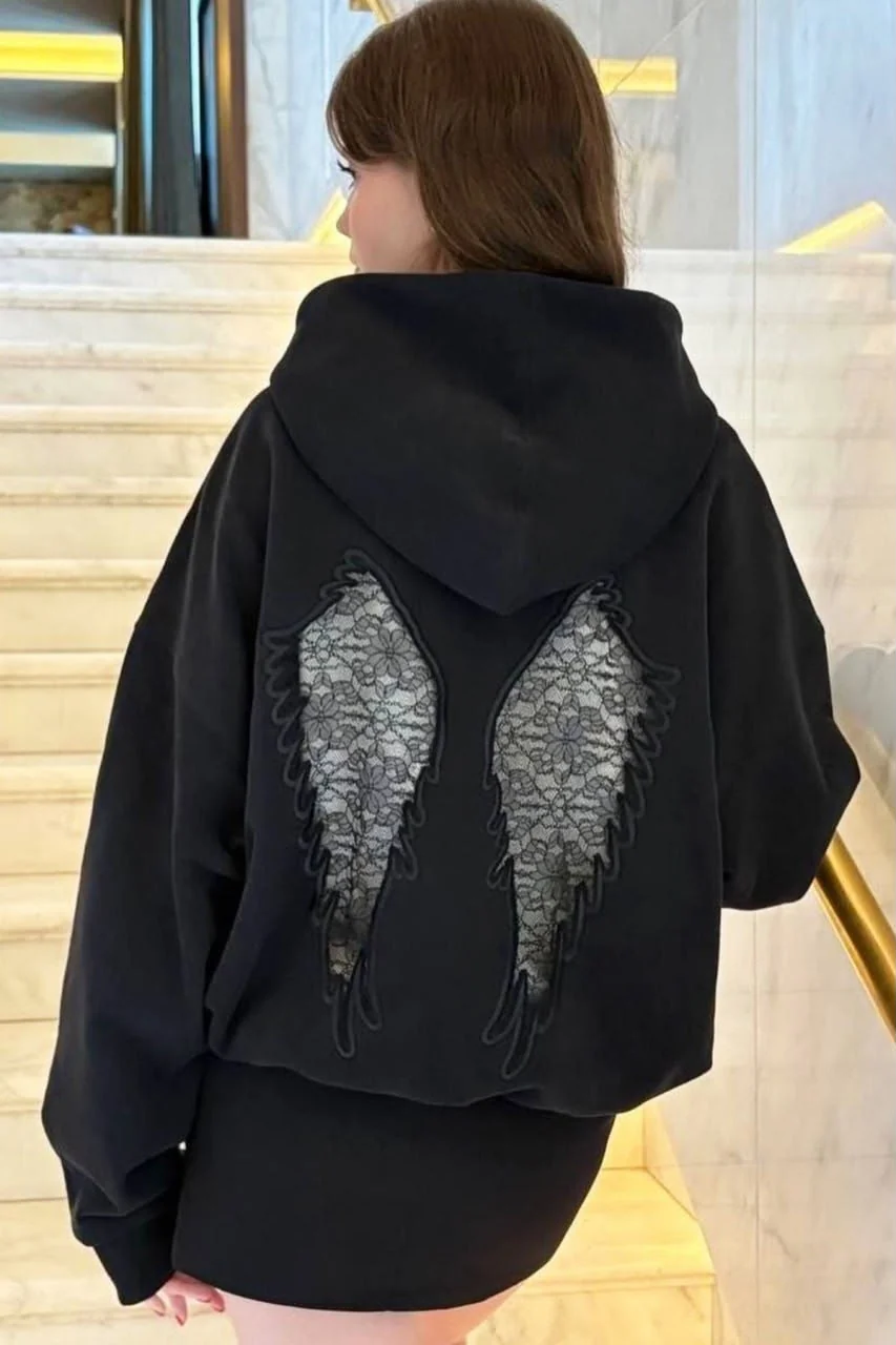 Siyah Wings Sırt Dantel Detaylı Oversize Sweatshirt